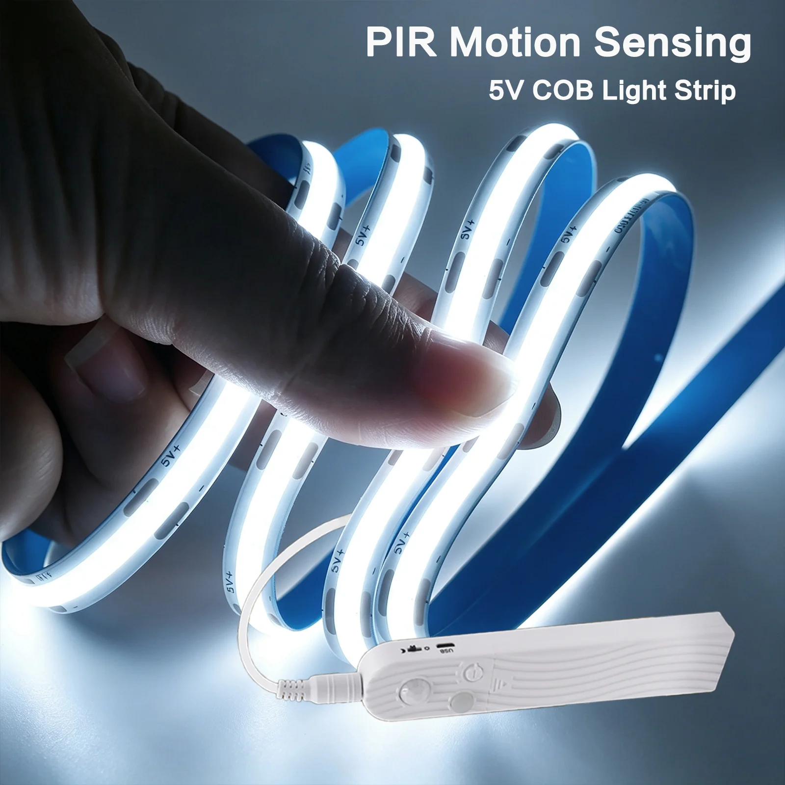 PIR Motion Sensor COB LED Strip 5V 320LEDs/M Dimmable Flexible LED Tape 8MM Battery Powered Ribbon Rope LED Lights Room Decor