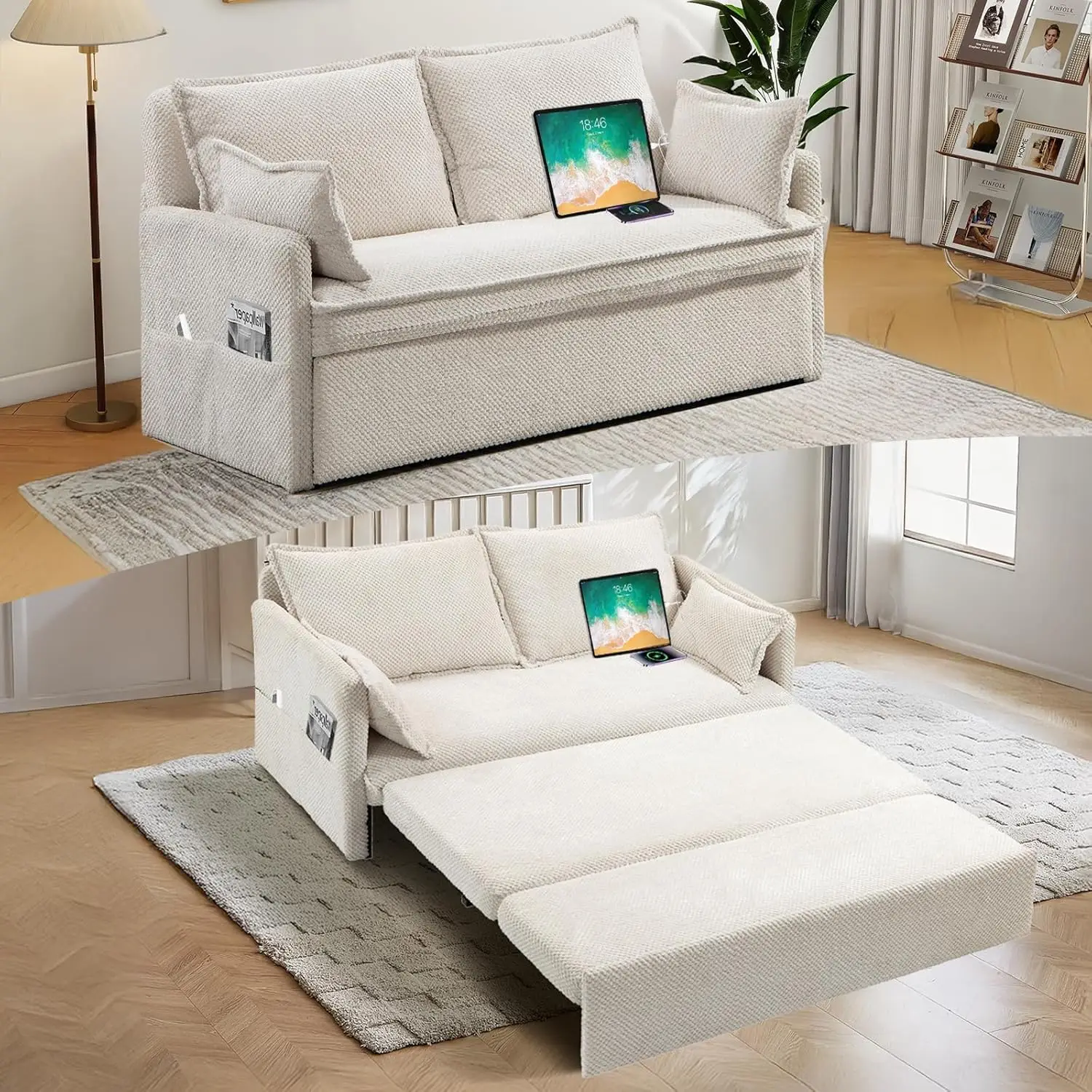 

3 in 1 Convertible Sofa Bed-Queen Size Sofa Bed, 60'' Corduroy Pull Out Couch with Side Pocket, Loveseat Sofa with USB/Type-C Po