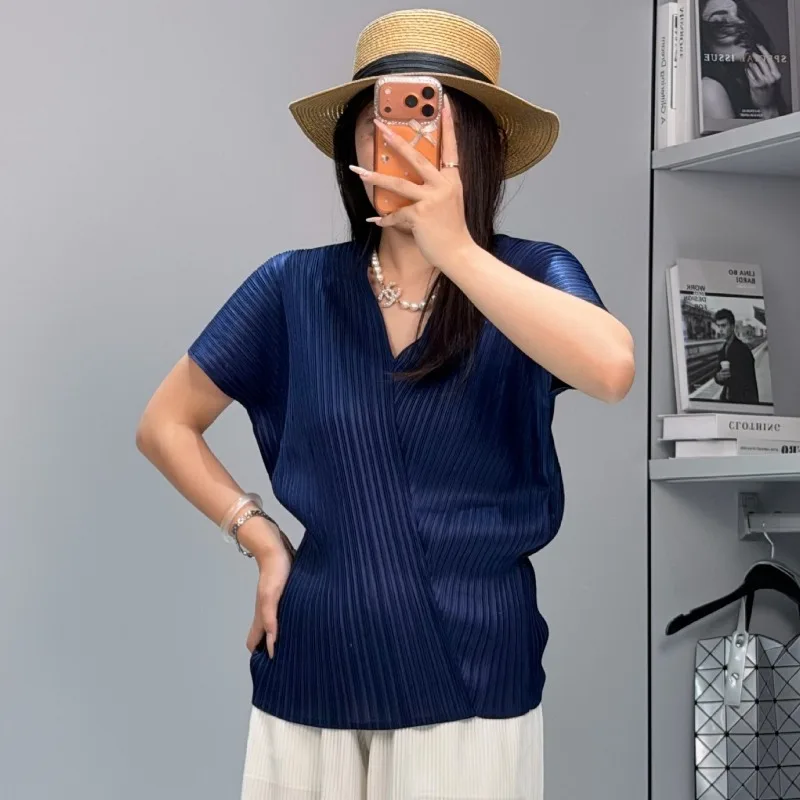 Miyake Pleated T-Shirt 2026 Summer New Simple Casual Fashion Loose Solid Color Stretchy Draped Lightweight Top for Women