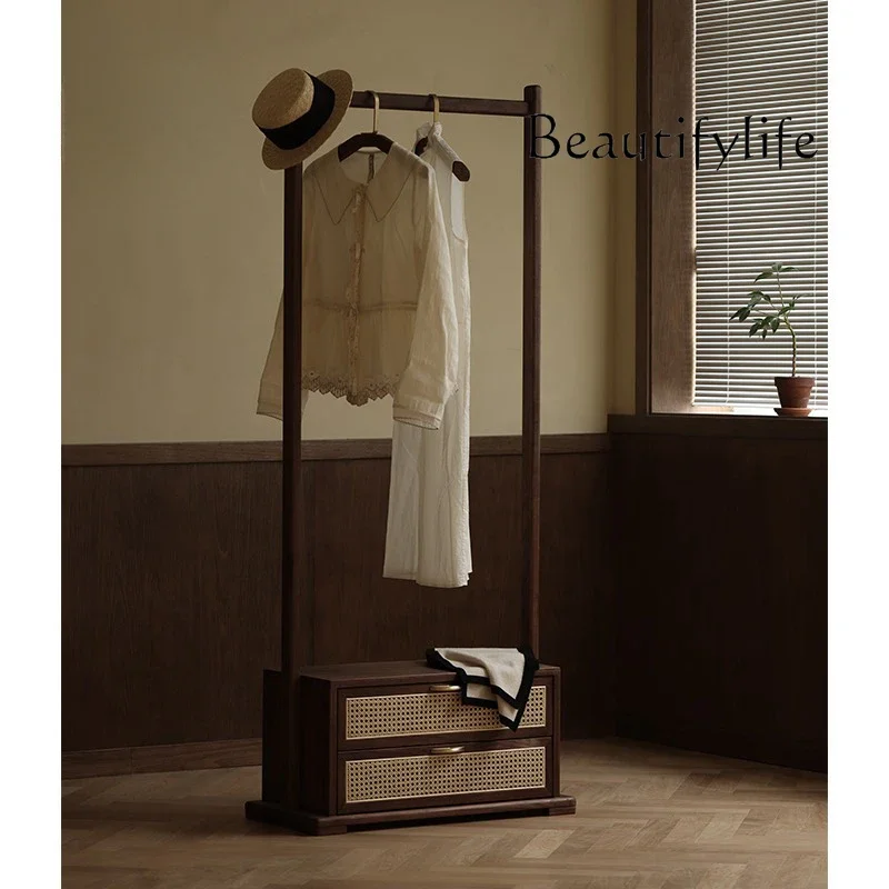 black walnut all solid wood coat rack floor-to-ceiling storage modern simple bedroom double-layer rattan