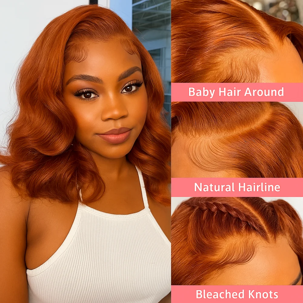 180 密度のブラジル人毛ウィッグ # 350 ジンジャーオレンジ人毛ウィッグ 4x4 HDレースボブ ボディウェーブ クロージャーウィッグ 生え際処理済み 女性用