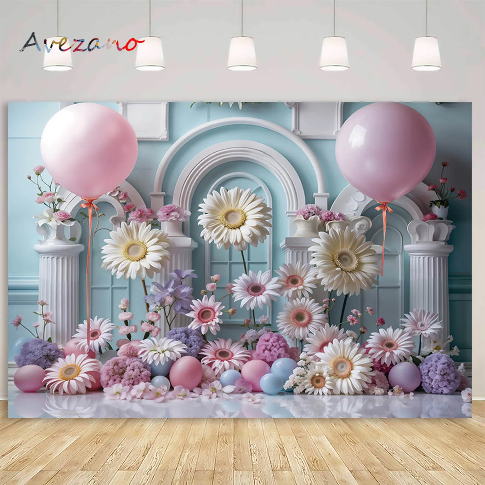 

Photography Background Daisy Flowers Girl Birthday Cake Smash Backdrop Party Decor Balloons Arch Door Wall Portrait Photo Props