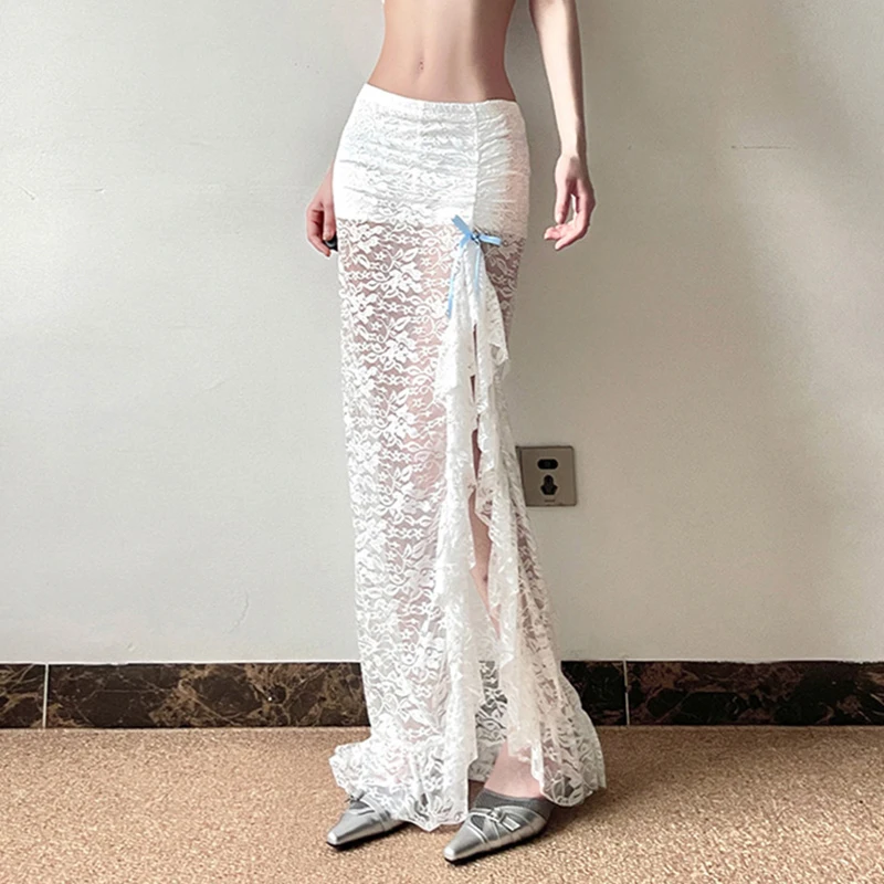 Sweet White Lace Bow Ruffles Split Skirt y2k Cute Slim Mid-Waisted Maxi Skirts Women 2024 Summer Fashion Streetwear Ladies