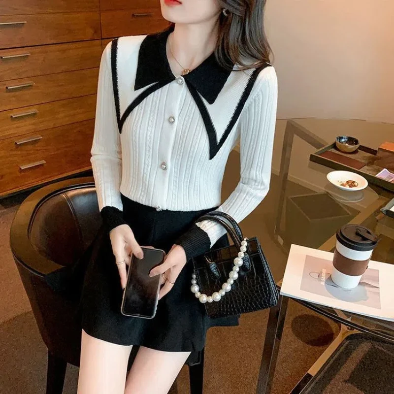 

Black and White Doll Collar Knitted Sweater Women's New Sweet Hollow Out Western-style Base Sweater Cardigan Top