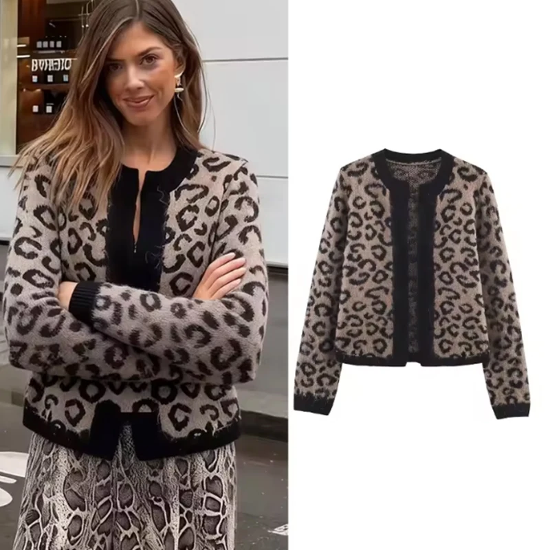 

Женский весенний вязаный кардиган-свитер в стиле ретро с леопардовым принтом, элегантный, облегающий, теплый, для уличного шика