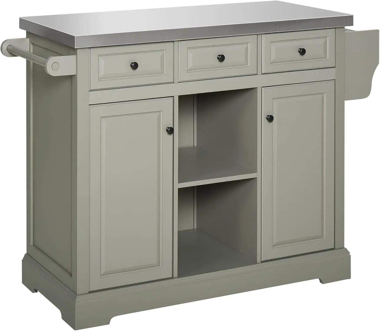 Kitchen Cart with Stainless Steel Top, Spice Rack & Drawers, Gray