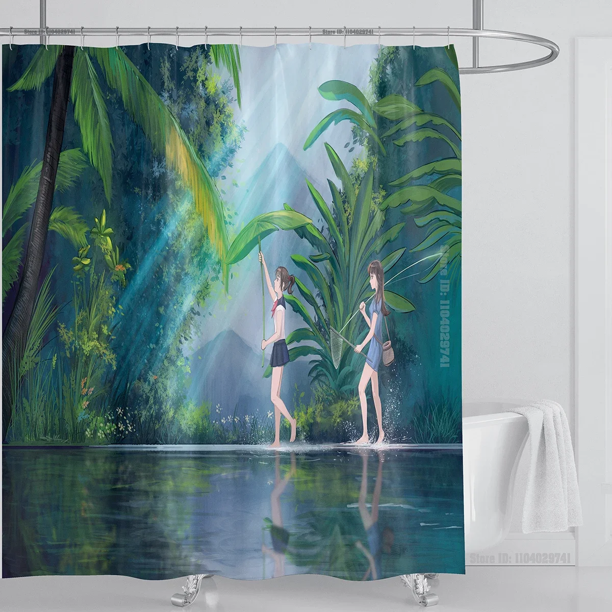 

Иллюстрация в японском китайском стиле с художественным принтом, полиэстер, моющаяся водонепроницаемая занавеска для душа, украшение для ванной комнаты, ванна с крючком