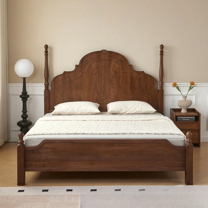 French medieval black walnut, double bed, retro bedroom solid wood wedding bed