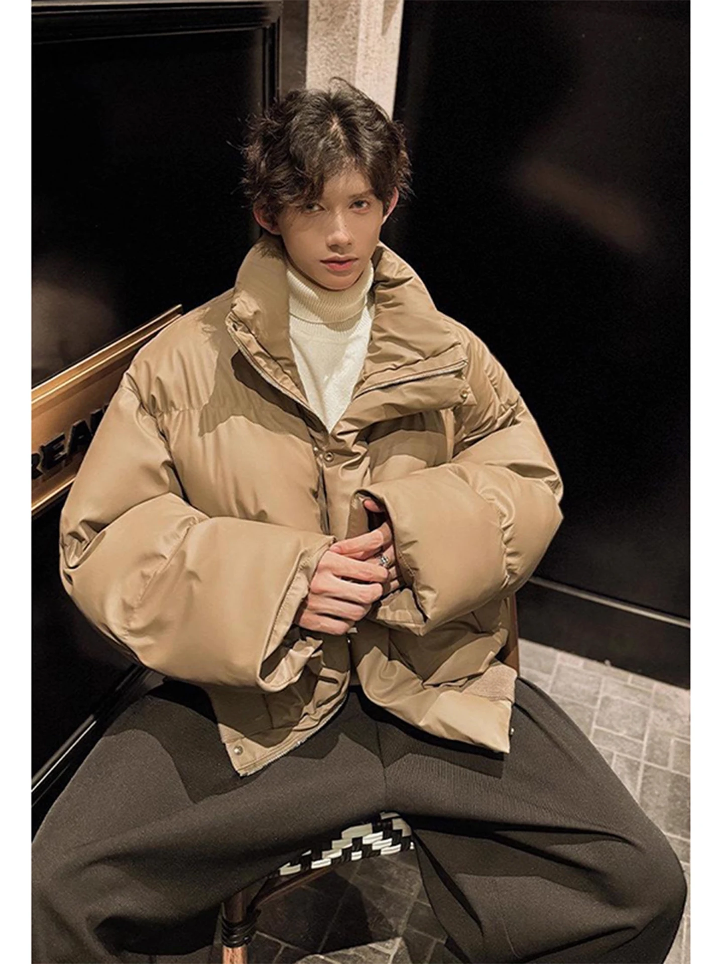 

American High Street ort PU Leather Cotton Jaet Men's Winter Thiened Stand Collar Jaet Sli Warmth Youth Trend