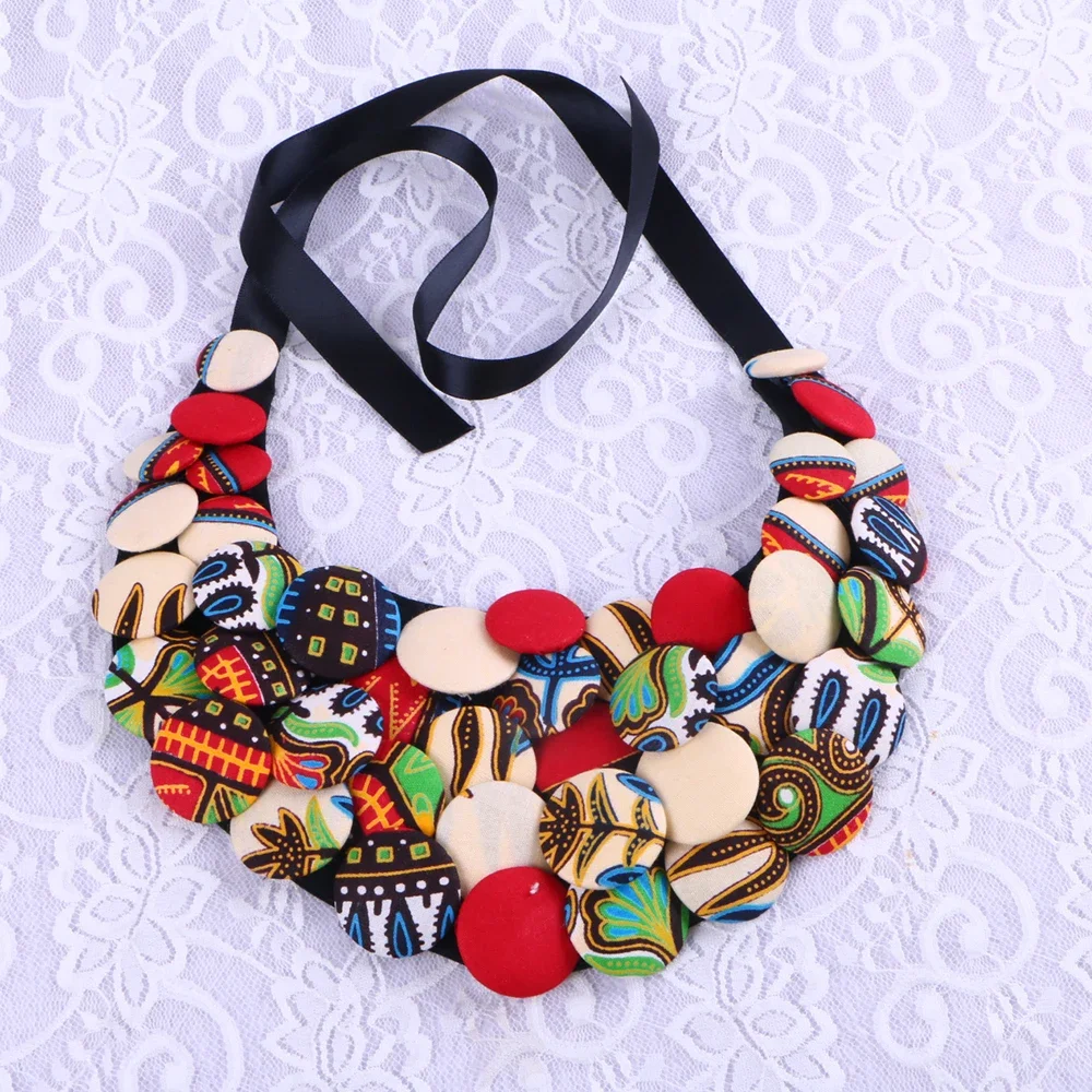 BRW African Wax Fabric Ankara Button Bibs Chokers Necklace For Women Gift Ankara African Dashiki Print Statement Necklace WYX24