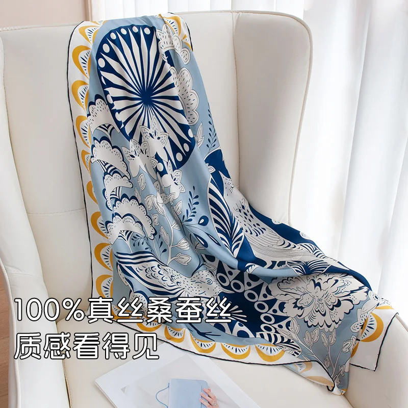 Souvenir 100% mulberry silk blue printed 90 square scarf high sense - Image 3