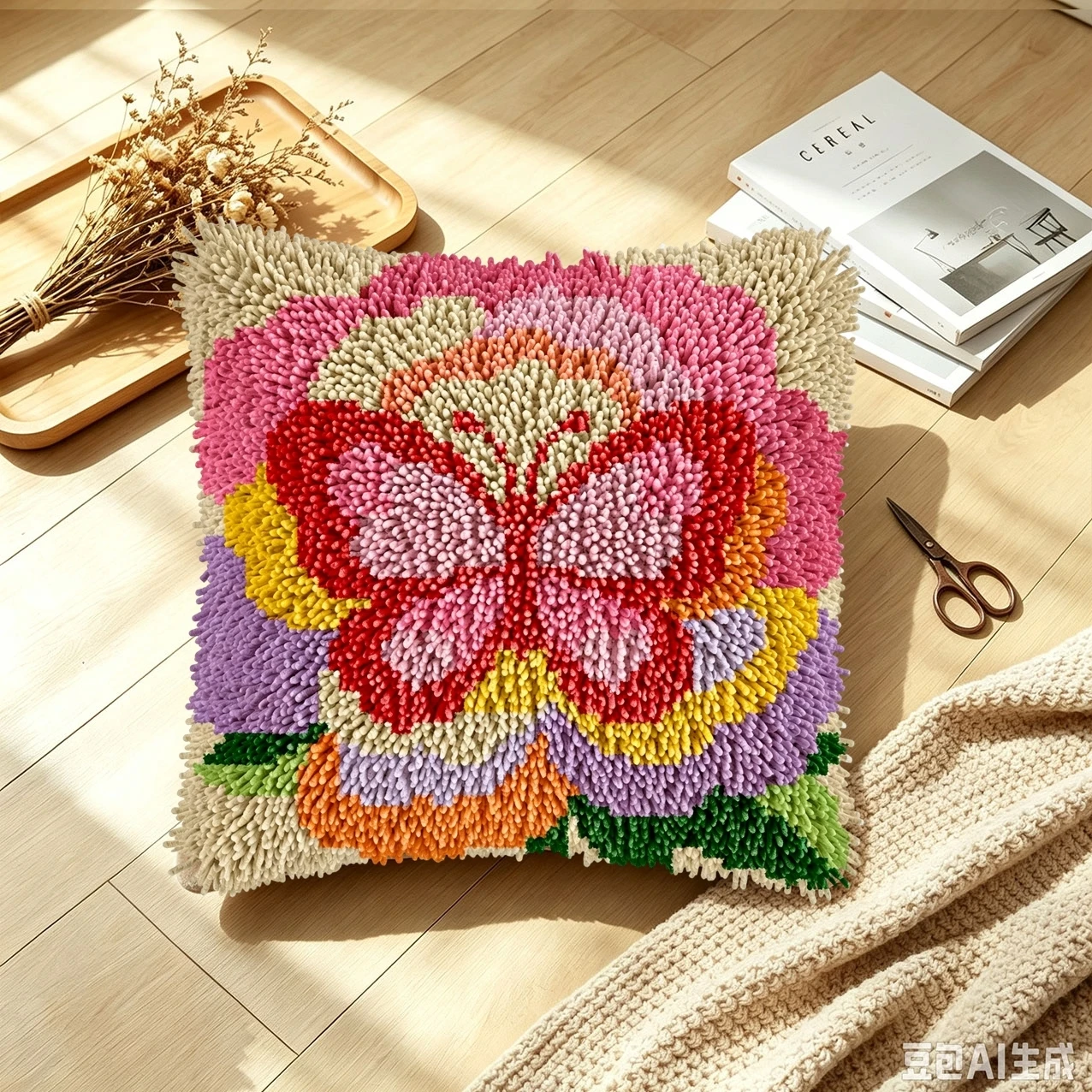 1 Set Großes Blumen-Schmetterlingsknoten-Kissen-Set mit Häkelhaken für Handarbeiten, Anfängerfreundliche DIY-Häkelsets – Detail 2