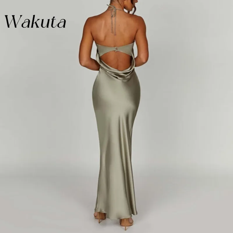 WAKUTA Fashion Halter Hanging Sleeveless Strapless Evening Gowns Solid Backless Cocktail Ball Evening Vestidos Estido De Fiesta