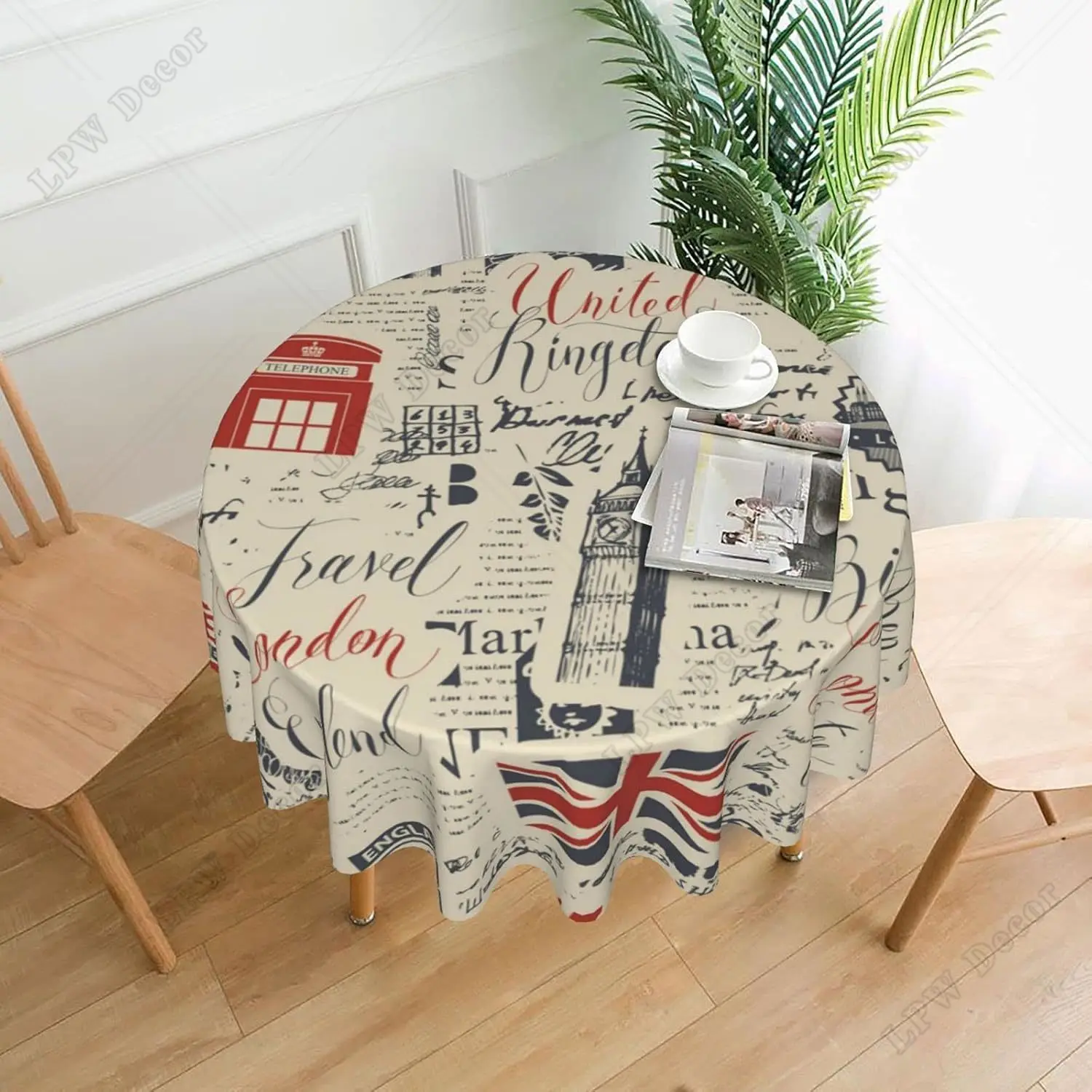 Retro UK London with Inscriptions British Symbols Tablecloths Polyester Table Cloth for Kitchen Table Washable Table Cover