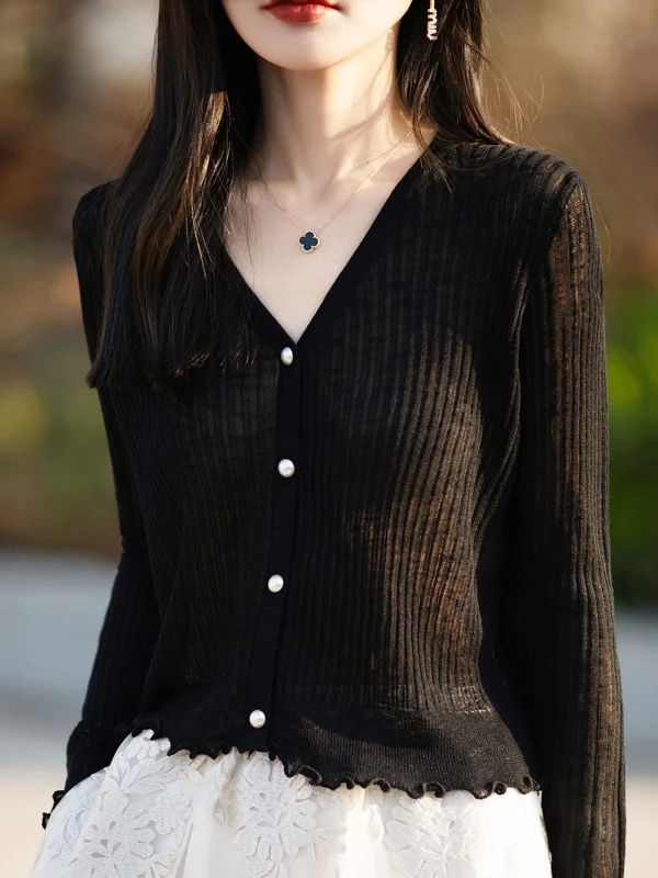 Ropa de protección solar de seda helada de punto fino de verano para mujer chaleco largo Sve V-Ne longitud Regular Color puro viaje Sle