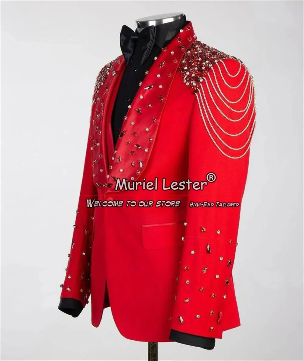 Red Wedding Suits For Men Luxury Crystals Beaded Groom Wear Tuxedos 3 Pieces Formal Business Prom Blazer Traje De Hombre Elegant