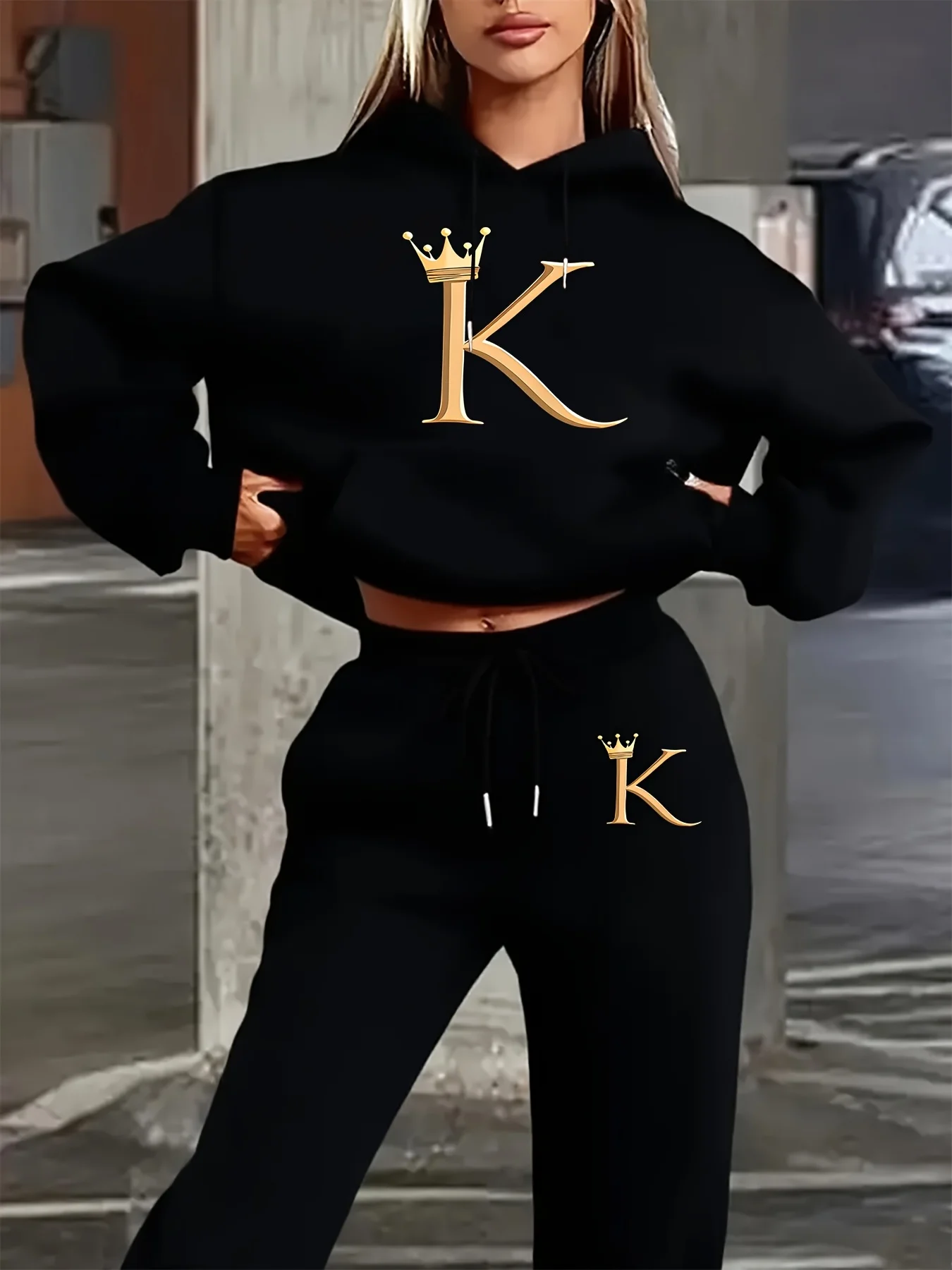 Women 2Pcs Fleece Tracksuit, Golden Crown Letter K Print Hooded Sweatshirt & Sweatpants Set, Autumn Winter Casual Sport Outfit