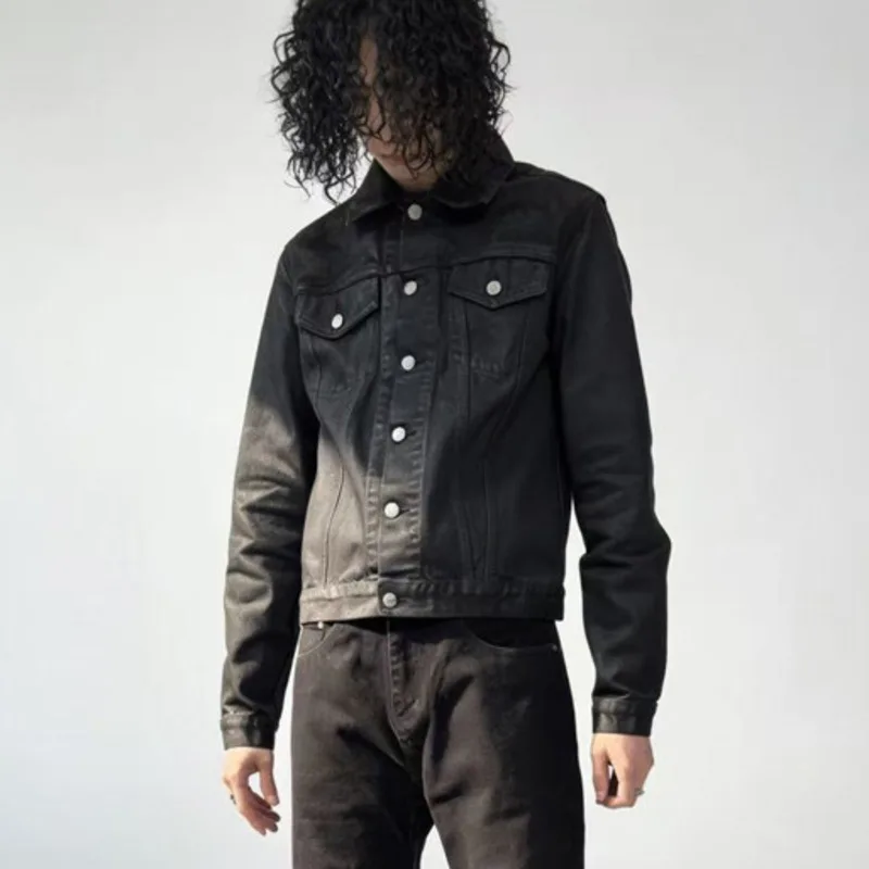 HKSH Spring Autumn New Men Tide Dark Punk Waxed Denim Jacket Chic Ins Fashion High Street Darkwear Tops Personsoul Coat HK22318