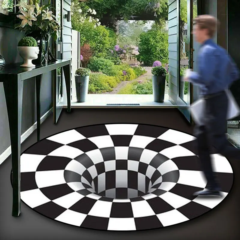Black White Round Rug Dizziness Visual Art Carpet Whirlpool Trap Print Home Living Room Hallway Decor Nonslip Rug Creative Gift