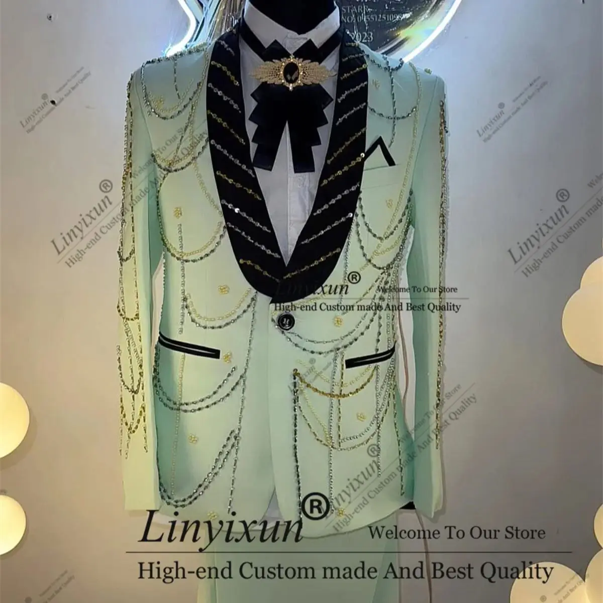 

Elegant design Crystal Men Suits Shawl Lapel Wedding Groom Tuxedo Customized Male Prom Blazer 2 Piece Set Party Costume Homme