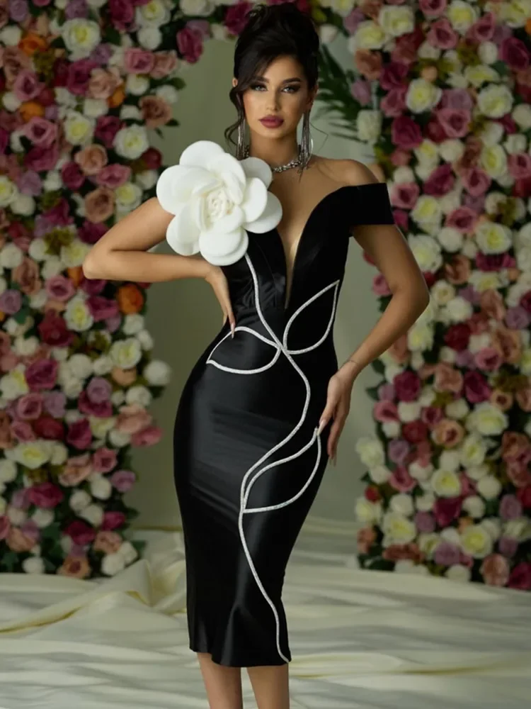 2024 New Women Celebrity Sexy Off Shoulder White Flower Black Midi Bodycon Bandage Dress Elegant Evening Club Party Dress