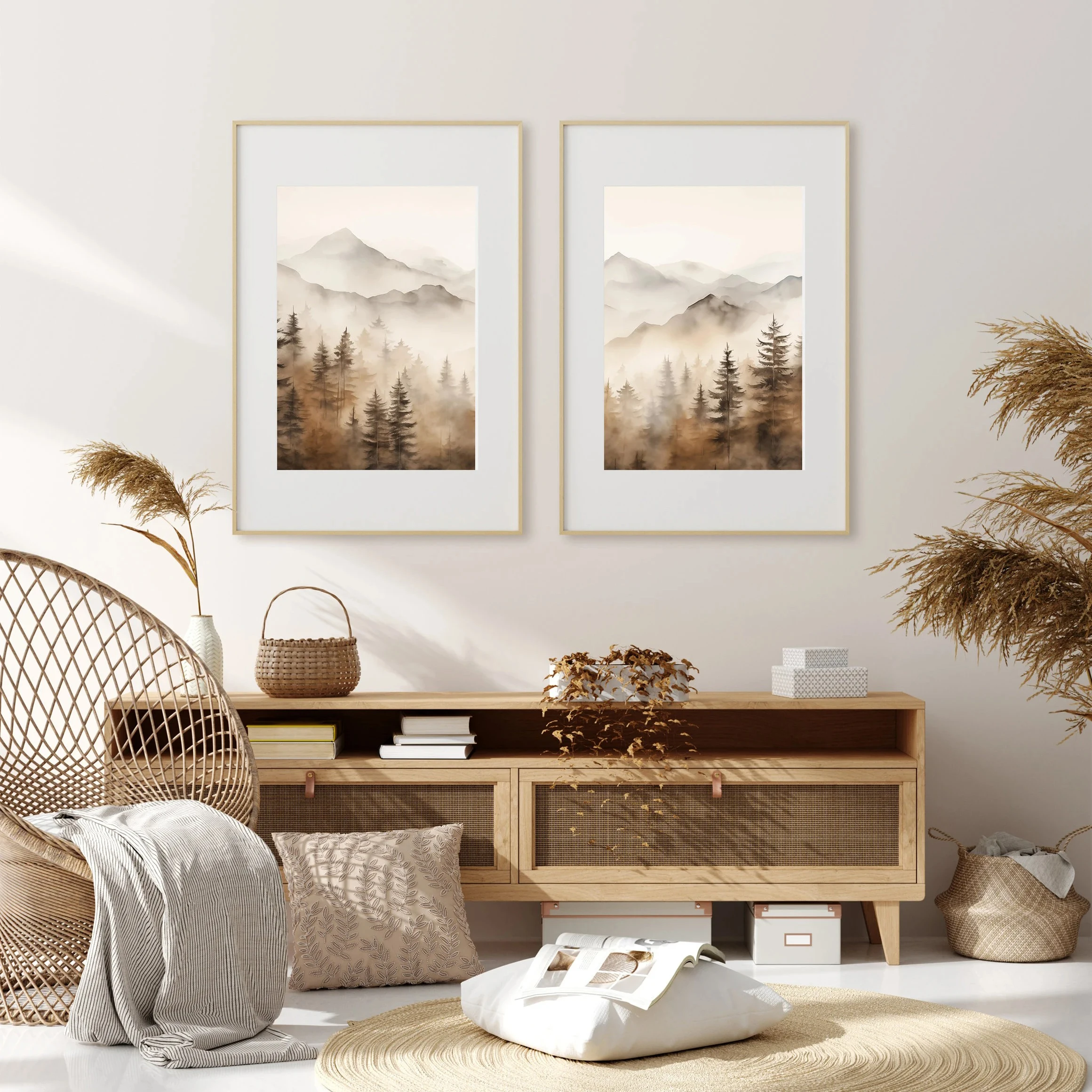 

Neutral mountain landscape set of 2 canvas prints watercolor nature forest wall art poster abstract modern wall decor home decor