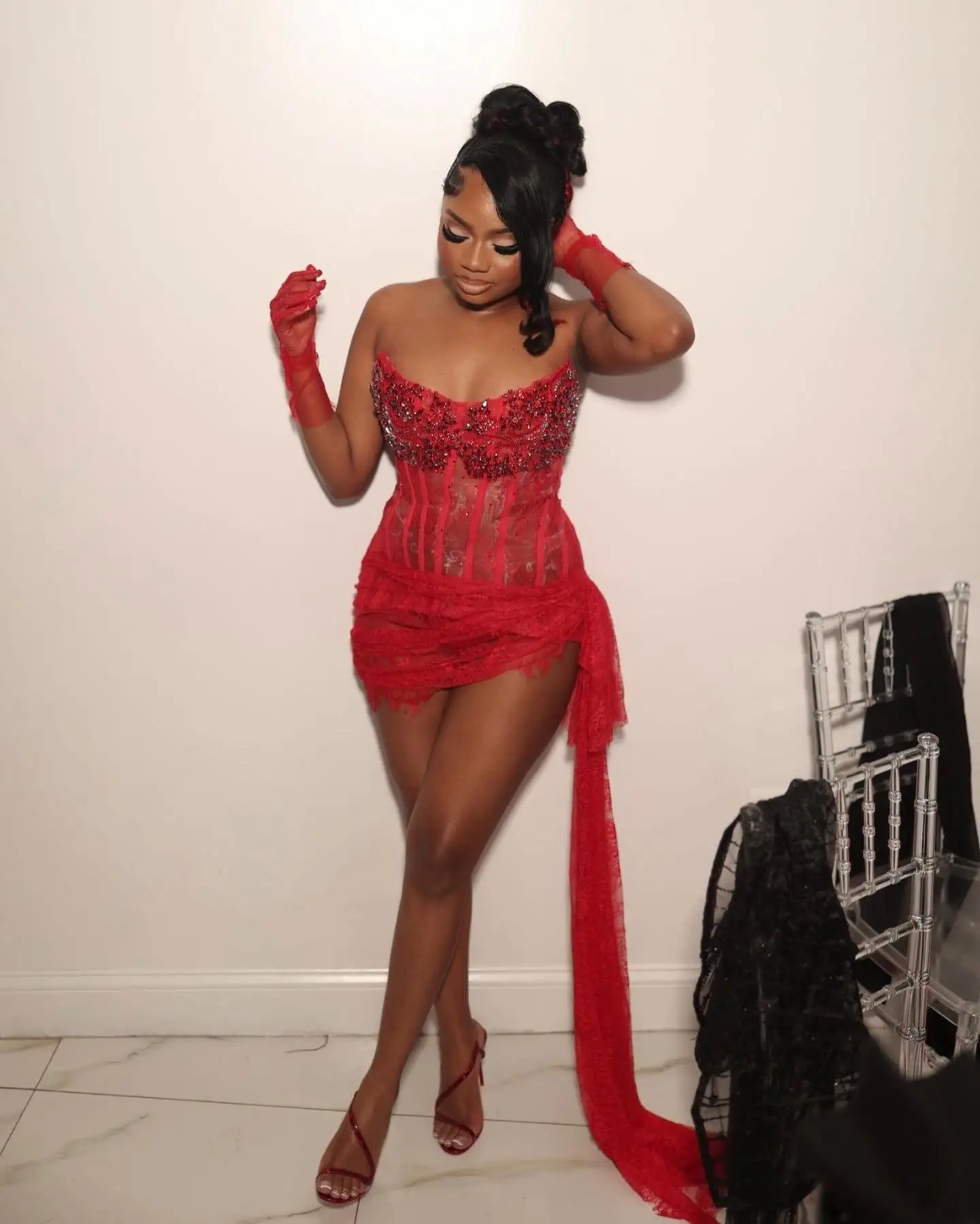 Sexy Red Sparkle Rhinestone Asymmetrical Women Mini Dresses To Birthday Party African Lace Date Maxi Dress With A Corset Bustier