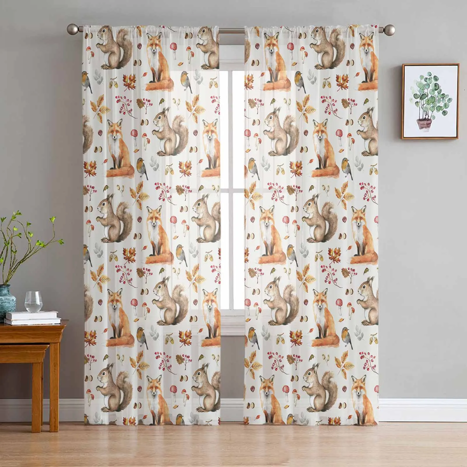 Thanksgiving Autumn Plants Squirrel Fox Curtains Living Room Bedroom Kitchen Decoration Window Voiles Organza Tulle Curtain