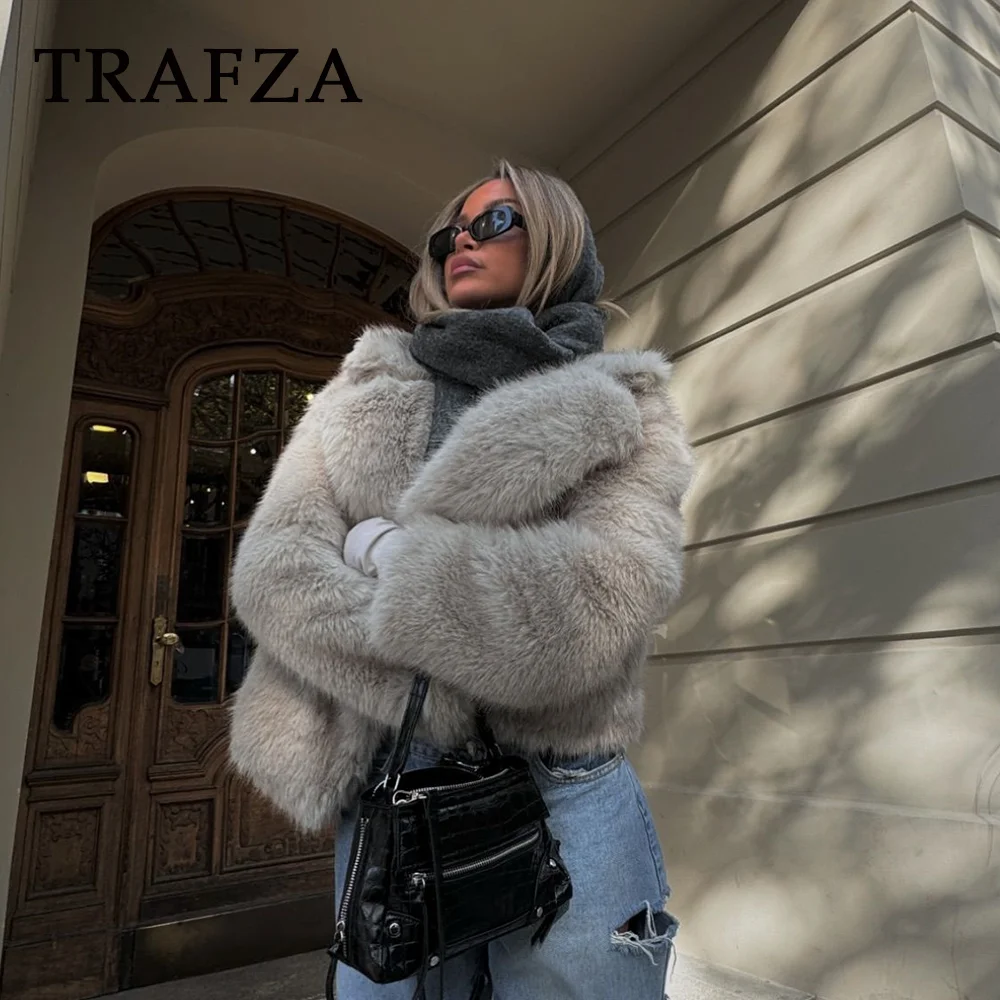 TRAFZA 2024 Autumn Winter Women Casual Thick Jackets Fashion Streetwear Elegant Solid Loose Turn Down Collar Chic Ladies Coats