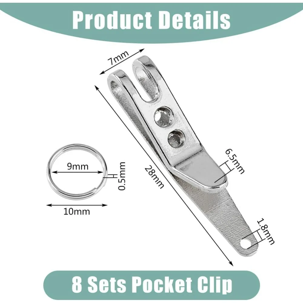 8 Sets Pocket Clip Key Holder Stainless Steel Suspension Clip Keychain Platinum Belt Clip Key Chain with Iron Key Ring