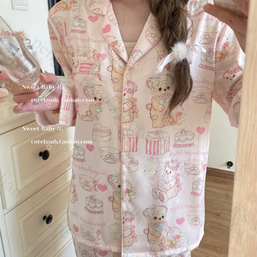 Print Cartoon Two Piece Pajamas Set Summer Rayon Home Clothes Sweet Princess Top&pants Long Sleeve Trousers Suit 2Pcs Pijamas