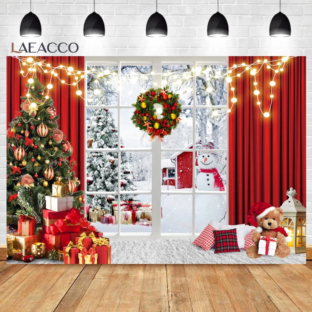 Laeacco Photography Background Winter Christmas Window Xmas Trees Gift Fireplace Red Curtain Family Portrait Decor Backdrop