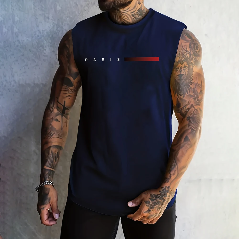 Summer Men\'s Sleeveless T-Shirt Fashion Paris Print Tank Top Casual Outdoor Gym Vest Clothing New Man O Neck Pullover Sportswear