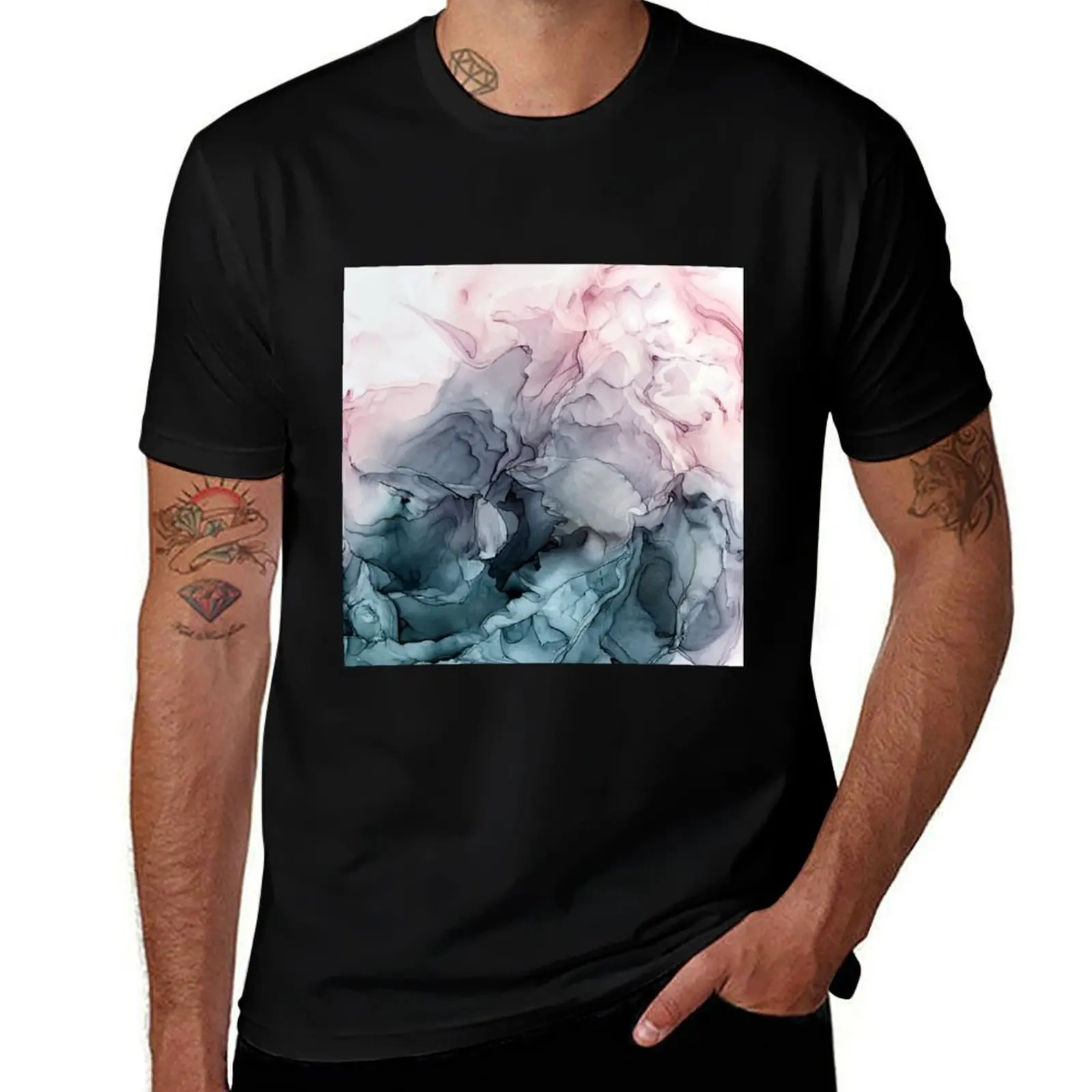Blush and Payne's Grey Flowing Abstract Painting T-Shirt Casual Loose Daily Wear T-Shirt