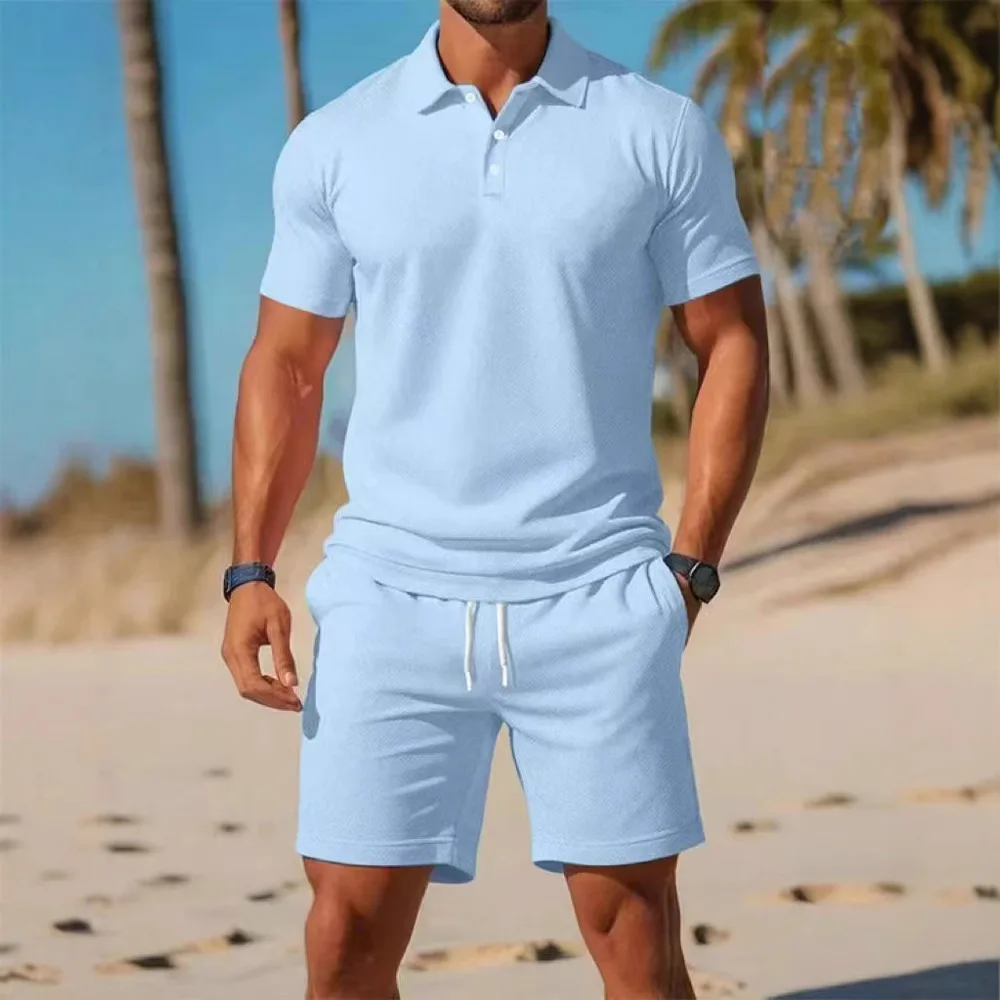 Men's Business Casual Beach Sports Two-piece Set, Drawstring Elastic Waist Sports Shorts Set, Button Access Control Lapel Top