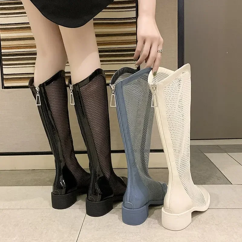 High Boots for Women Fashion Platform Martern Boot Hollow Long Boots Woman Sring Autumn 2022 New Mesh Sexy Knee-length Boots