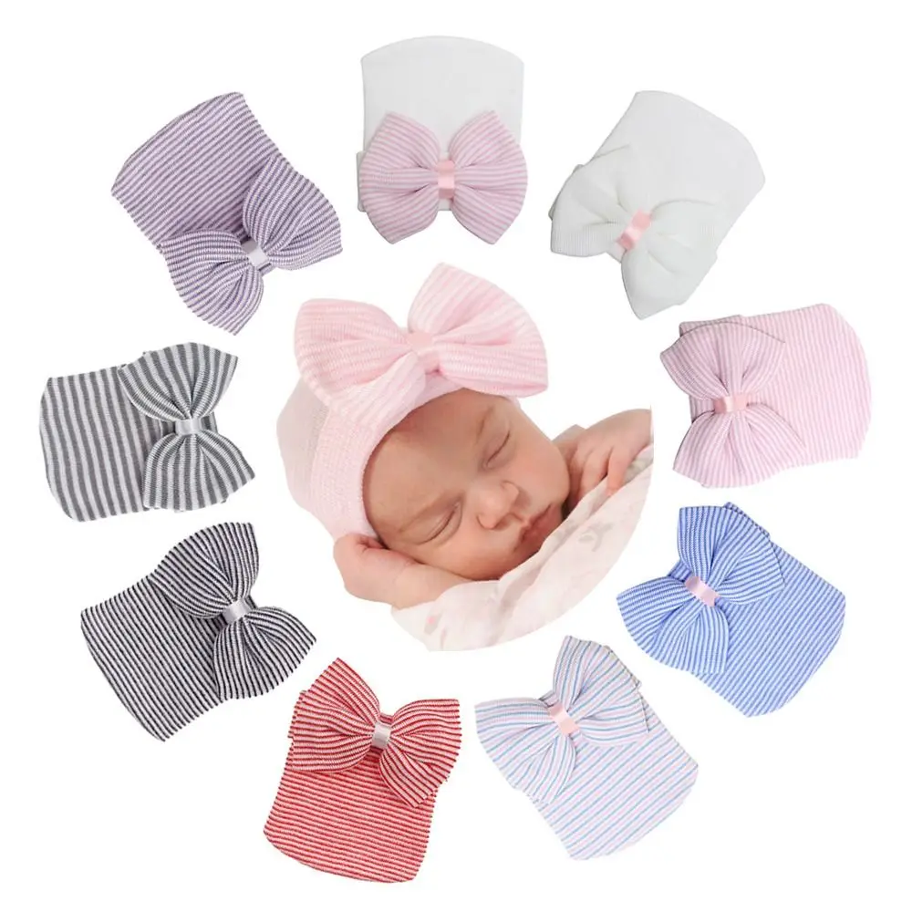 

Cute Stripe Infant Hat for Girls Cap with Bow Nursery Beanie Newborn Hospital Hat Hats