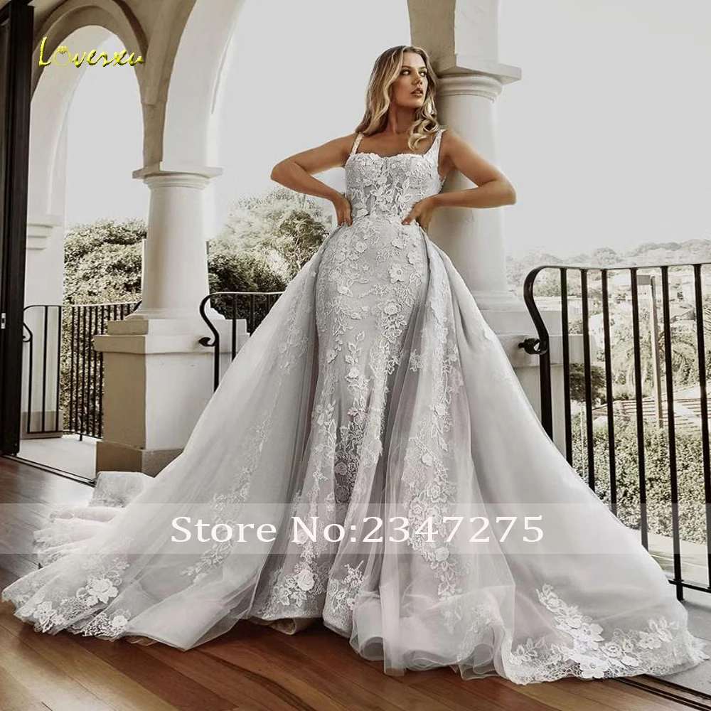 Loverxu Meerjungfrau Sexy Brautkleider Spaghetti-trägern Vestido De Novia Spitze Stickerei Abnehmbarer Zug Nach Maß Brautkleid