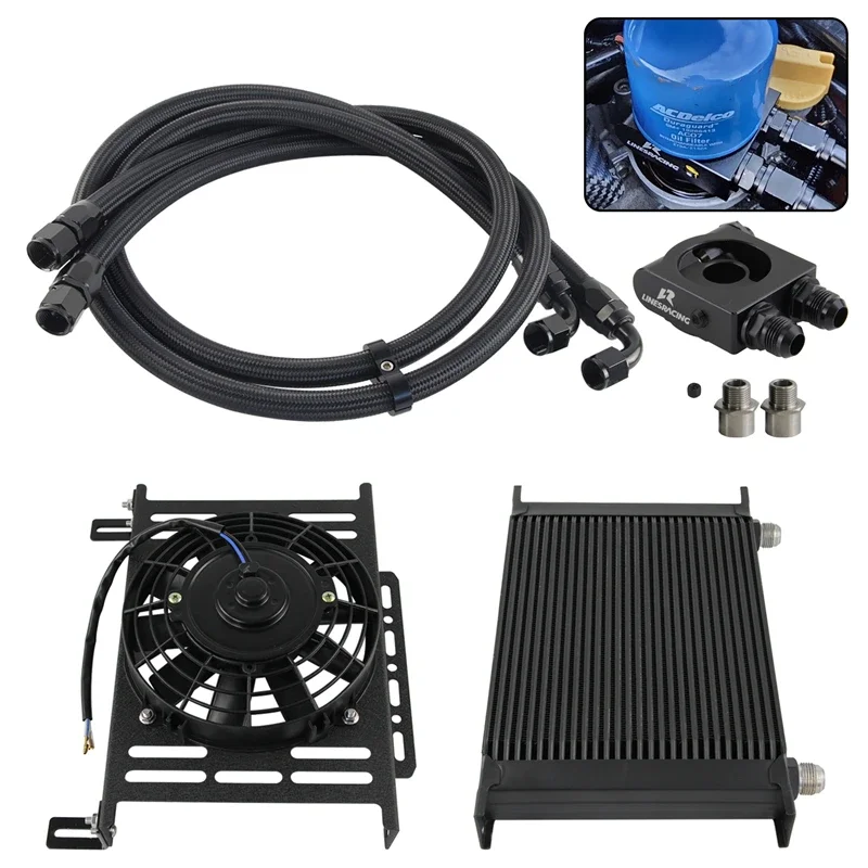 Universal 28 Row AN10 Thermostatic 73 Degree Oil Cooler Kit+7'' Fan w/Bracket Kit Transmission Engine Black/Silver