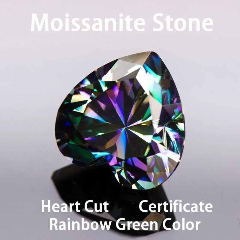 Moissanite Stone Rainbow Green Color Heart Cut Extremely Shiny Quality Advanced Charms Jewelry Rings Earrings Making Certificate
