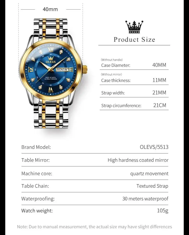 OLEVS 5513 Man Watch Stainless Steel Diamond Roman Scale Dual Calendar Waterproof Luminous Business Wristwatch Gift Box for Men