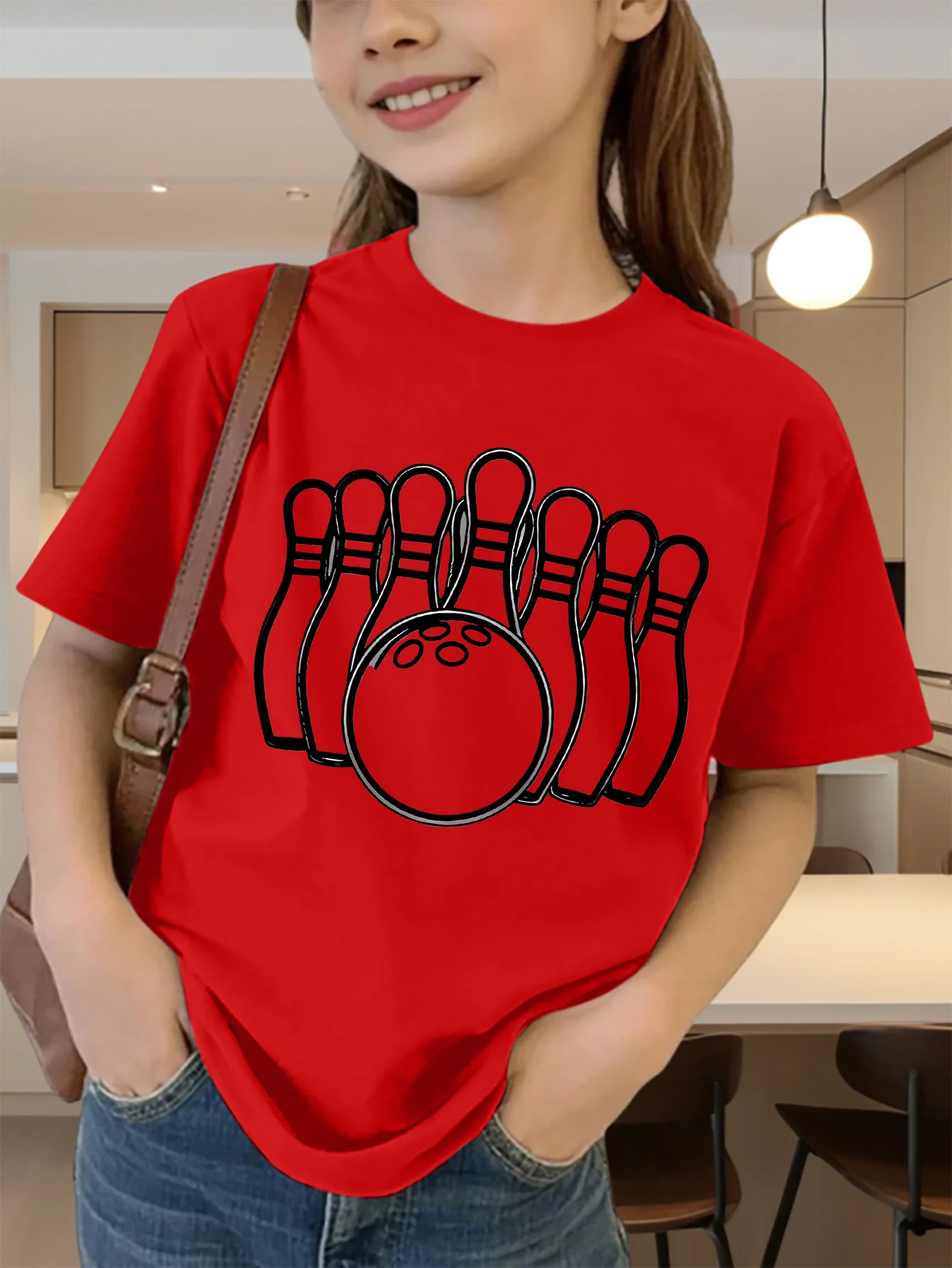 Cute Line Art Bowling Ball And Pins Graphic Kids Tee Boys Girls Family Matching Cotton Crew Neck Short Sleeve Soft Summer Tee