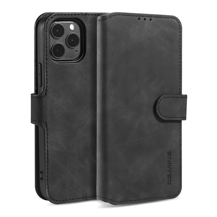 

DG.MING Retro Style Leather Phone Shell with Wallet Stand Design and Strap for iPhone 13 Pro Max 6.7 inch - Black