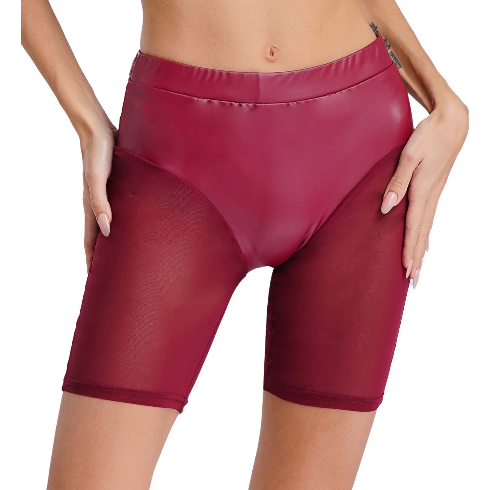 

Women Stretchy Slim-fit Shorts Faux Leather Patchwork Mesh Spliced Shorts High Waist Cycling Shorts for Pole Dance Clubwear