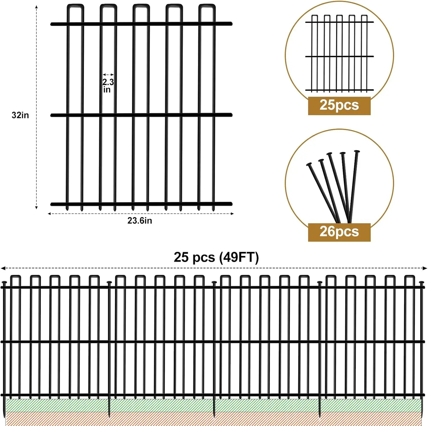 25 Panels No Dig Animal Barrier Fence, 32in(H) x 49ft(L) Garden Edging Border, Rustproof Metal Stakes Decorative, Dog Defense