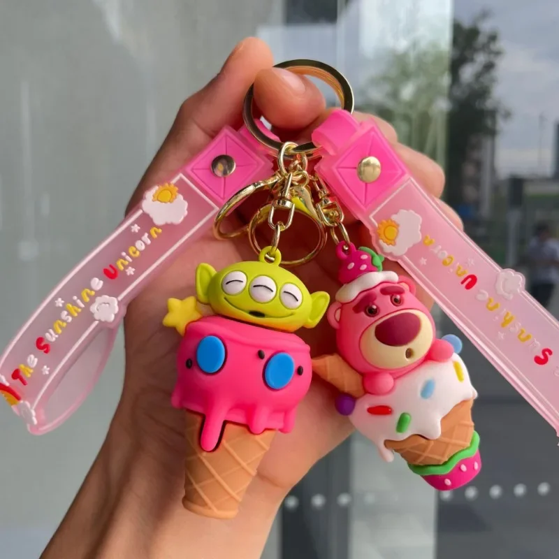 Disney Cartoon Ice Cream Keychain Strawberry Bear Alien Lilo & Stitch Winnie Anime Figures Doll Car Keychain School Bag Pendant