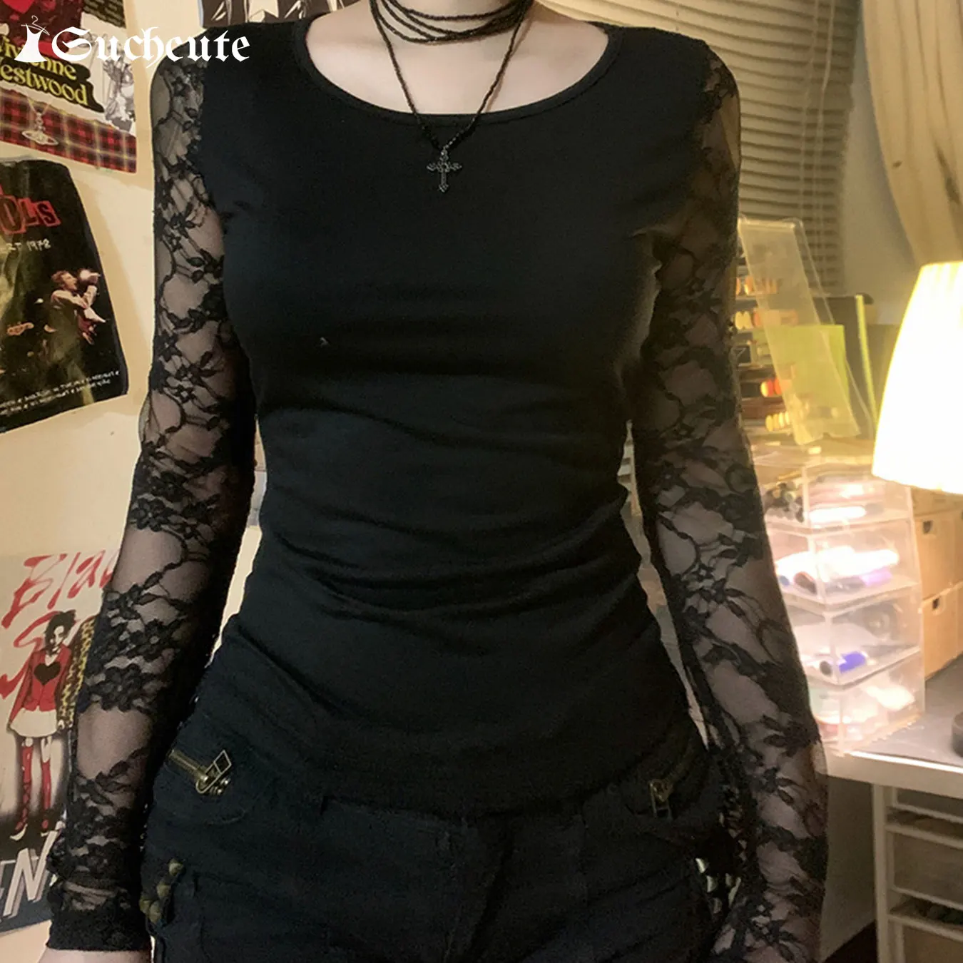 SUCHCUTE Black Gothic T-shirt For Women Sexy Club Lace Semi-see-through Long Sleeve Crop Tops Y2K Aesthetic 2000s Tee Autumn New