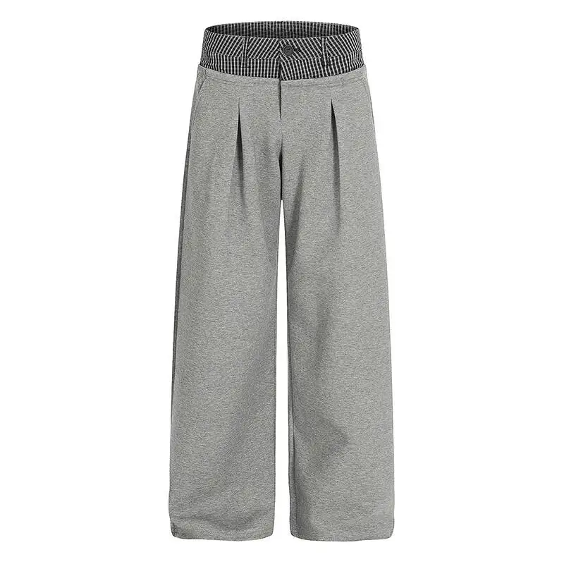 Waisted Faux Double Two Piece Design Men's Colorblock Sweatpants Relaxed Drapey Wide Leg Trousers Grey Fashion JOR9