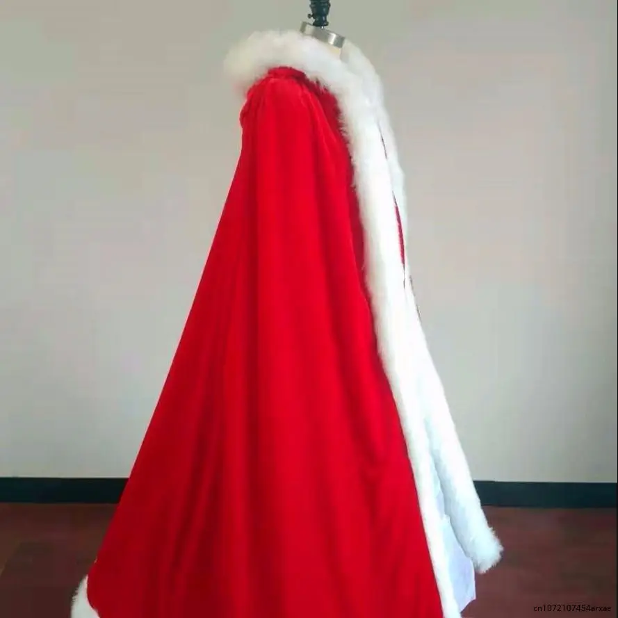 

New Plus Fleece Wedding Bridal Cape Velvet Warm Long Winter Poncho Womens Fur Trim Wedding Cloak White Red Black Wraps Hood Cape