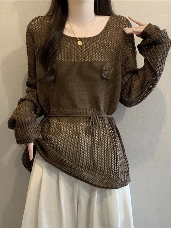 

Women's Large Size Coffee Hollow out Knitted Top Waist Cinching Outerwear Spring Summer New Style Korean Style Loose Fit